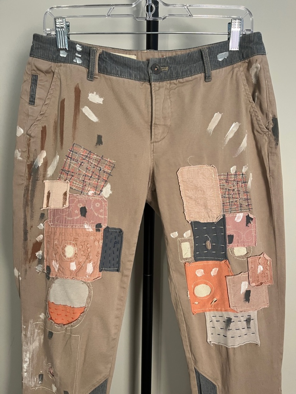 Anthro Pilcro Patchwork Painters Pants Khaki Tan Blue Pink Accents Hyphen Sz 28 - Picture 3 of 10